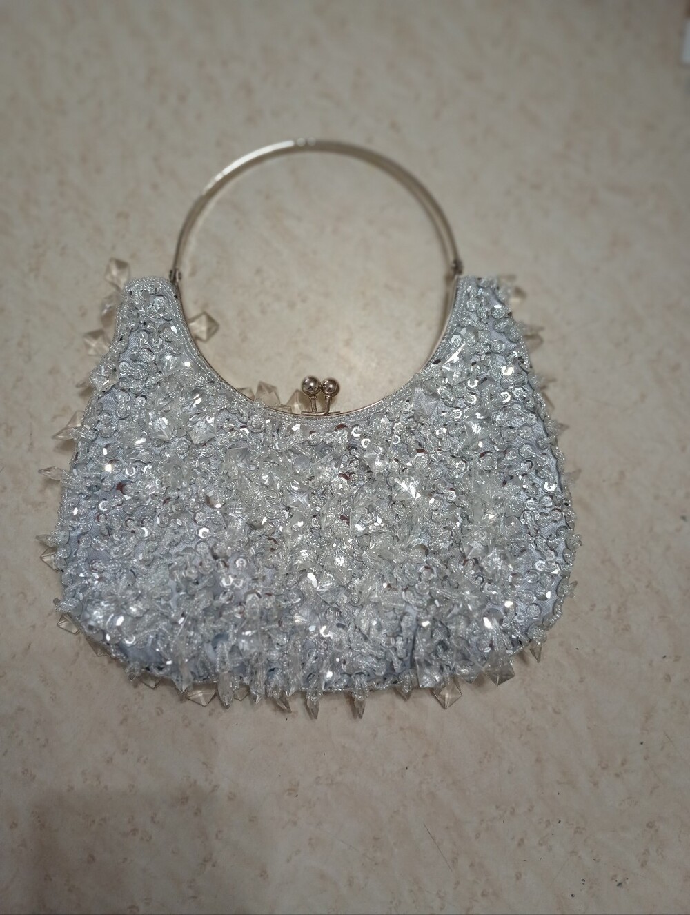 Fancy Silver Hoop Bag Clear Dangle Beads Disco Glam Purse Metal Handle Women